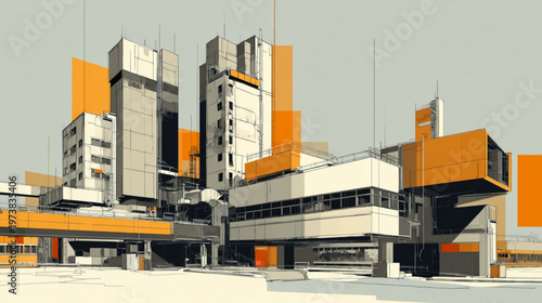 Modern Architectural Sketch With Orange Accents Showcasing Urban Development And Industrial Design For Construction Concepts