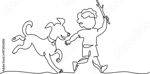 Little Boy run with big dog. Continuous one line drawing.
