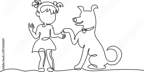 Little girl touch paw big dog. Give me your paw. Caring for puppy.