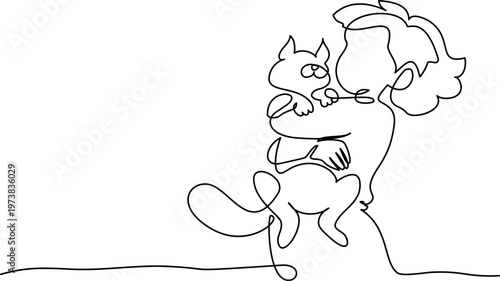 Little girl hugging cat. Continuous One line drawing.