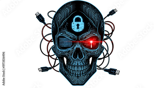 Malevolent skull with padlock detail, connecting cables, and algorithms symbolizing data breaches, online fraud, and cybersecurity threats. A concept related to the dark web, darknet, and hacking.