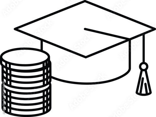 Education Funding and Academic Investment Concept Icon Featuring a Graduation Mortarboard Cap Next to a Stack of Coins for University Scholarship or Student Debt