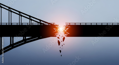 Sunset over calm water with bridge silhouette reflecting orange glow on surface its illustration only