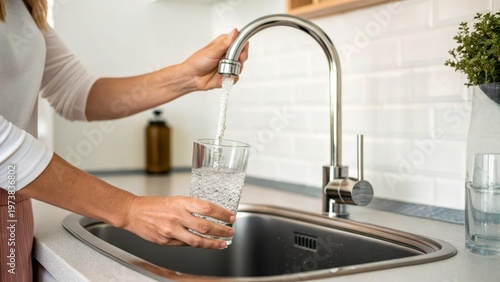 Close-up of hand pouring clean water in kitchen. Transparency, freshness and filtration. Idea of ​​home comfort and sustainable lifestyle.