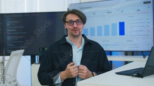 Smart programmer architect explains AI agent workflow in online meeting, showcasing new paradigm shift disrupting modern business through intelligent automation and digital transformation.