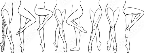 Minimalist continuous line drawing of ballerina legs in motion set.