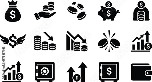 Financial Business Icon Set Featuring Money Bags Piggy Bank Safe Boxes Growth Charts Coins In Hand And Wallet Symbols For Banking Investment Profit And Loss
