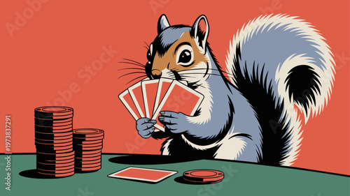Cute squirrel poker player holding cards at casino table with chips, playful animal gambling illustration in bold retro vector style