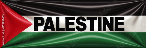 Palestine Text on Waving Palestinian Flag Banner with Red Triangle, Black White Green Stripes, Political Identity Symbol