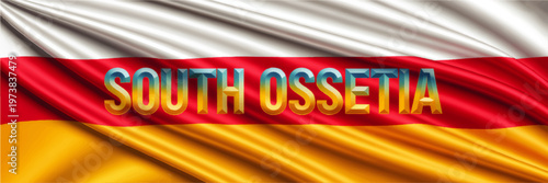 South Ossetia text on waving flag banner, bold 3D lettering over red, yellow and gray fabric background illustration