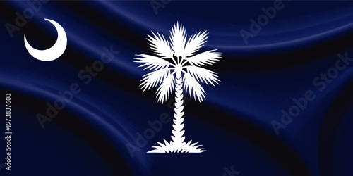 South Carolina State Flag Waving Textile Background with Crescent Moon and Palmetto Tree Symbol in Blue and White