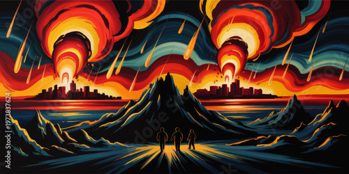 Surreal Apocalyptic Landscape With Twin Fire Tornadoes, Meteor Shower, Distant Cities, Ocean Mountains and Human Silhouettes