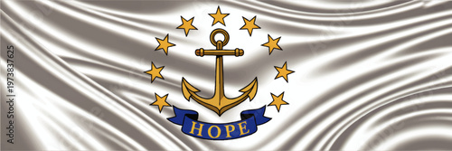 Waving Rhode Island State Flag with Golden Anchor Stars and Hope Ribbon on White Silk Fabric, Patriotic American Symbol