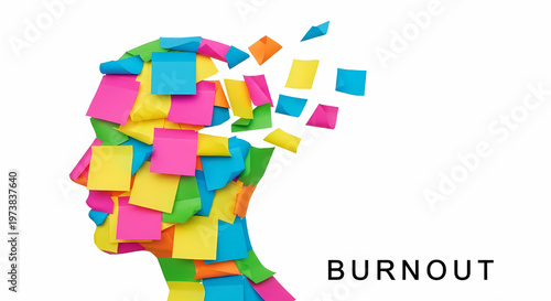 Human head profile made of colorful sticky notes exploding symbolizing mental burnout and stress its illustration only