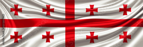 Waving Georgia national flag with red crosses on silk fabric, detailed patriotic banner texture and realistic country symbol