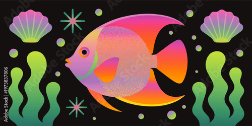 Colorful tropical angelfish illustration with coral reef, seashells, bubbles and neon gradient ocean design on black