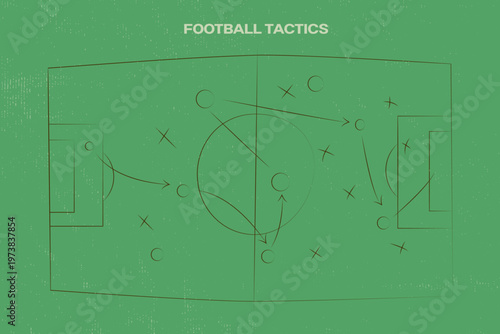 Vector illustration of a football strategy with player icons and arrows explaining tactics and team movement. Football field plans with strategic markings.