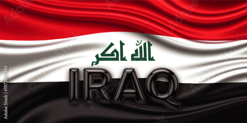 Waving Iraq Flag with Bold Typography, Red White Black Stripes and Arabic Script, Patriotic National Background Illustration