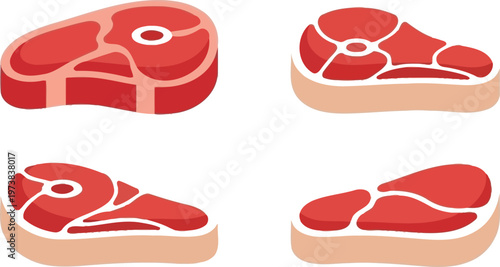 Four raw steaks of red meat on a white background.