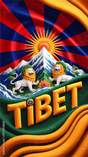 Colorful Tibet emblem illustration with snow mountain, radiant sun, snow lions and red blue rays in ornate vertical design