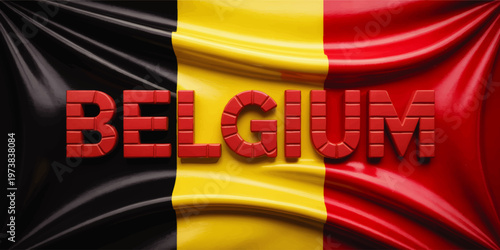 Belgium Flag with Red 3D Text on Waving Fabric Background, Patriotic National Banner Design for Travel, Europe and Identity