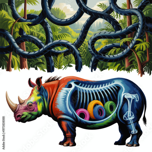 Surreal rainbow rhinoceros anatomy illustration with plastic tires inside body, jungle vines background and transparent base