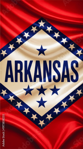Arkansas state flag illustration with flowing fabric texture, patriotic stars and diamond emblem, bold red blue and cream design