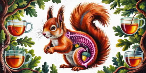 Whimsical red squirrel anatomy illustration with acorn and mushroom organs, framed by oak leaves and floating tea cups