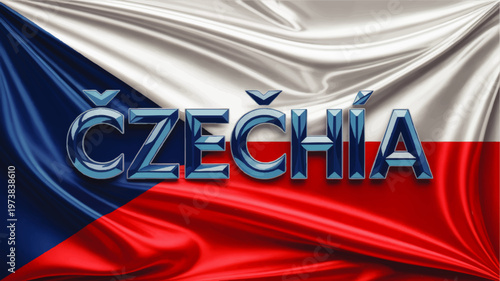 Czechia Text on Waving Czech Republic Flag, Glossy National Banner Background with Blue Red White Fabric Folds and Patriotic Design