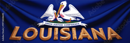 Louisiana state flag with pelican crest and wooden text on blue fabric banner, patriotic regional identity illustration