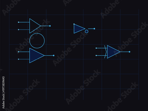Circuitry Symbols: Abstract representation of electronic symbols on a grid. Suitable for tech projects, design elements, and illustrating abstract concepts.