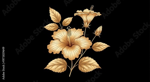 Gold hibiscus vector illustration with leaves on black background, showcasing floral design