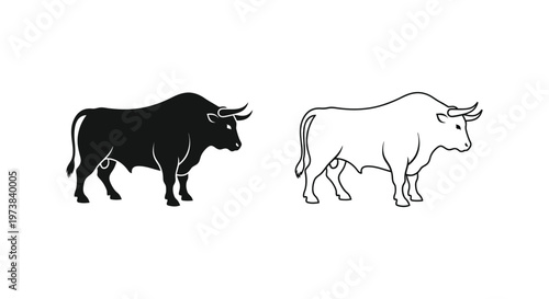 Bull Symbols: Powerful Black & White Line Art Vector