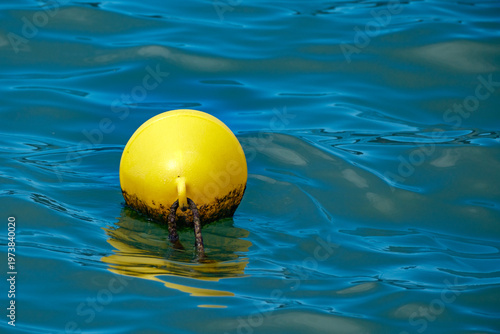 Photography Bright yellow spherical plastic marine buoy floating gently on the surface of de