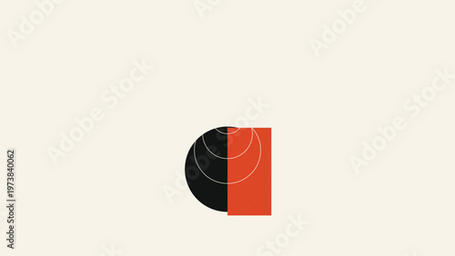Geometric Harmony: A minimalist composition of a half-black circle and a red square, both partially overlapping with curved lines, against a clean backdrop.