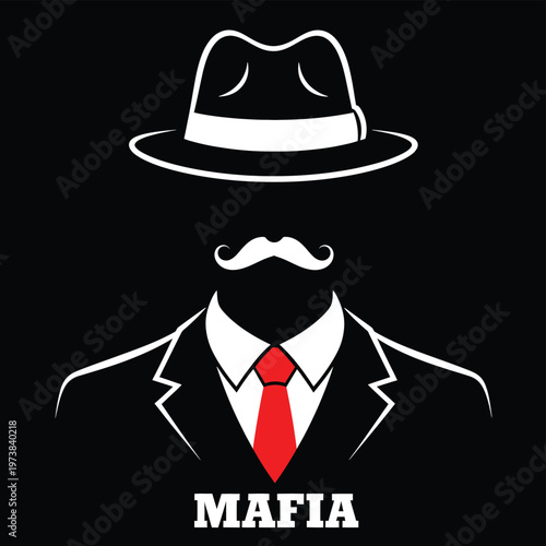 Vector illustration vector illustration of mafia man with hat and mustache in black and white