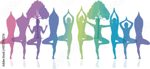 Yoga tree pose silhouettes with colorful gradients, group of people practicing vinyasa yoga, wellness and mindfulness concept vector illustration