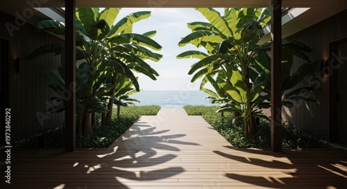 Open doorway framing lush tropical foliage leading to serene ocean view