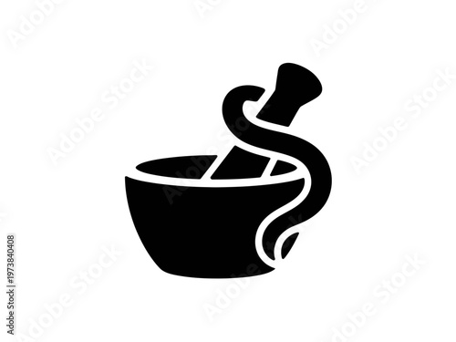 A black and white vector graphic of a mortar and pestle with a snake coiled around it, symbolizing pharmacy and medicine.