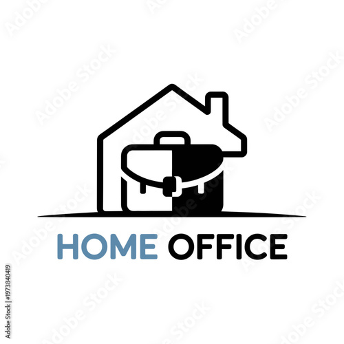 A minimalist vector graphic illustration of a home office logo with a house and briefcase