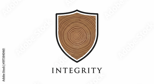 Integrity concept with wooden shield logo and text on white background symbolizing trust and honesty its illustration only