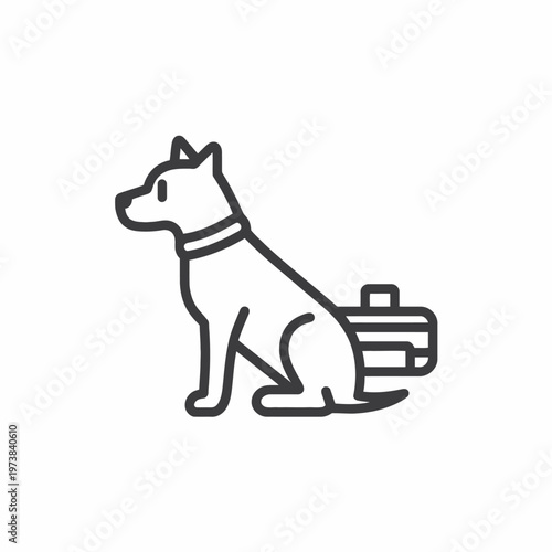A dog guarding a suitcase, a symbol of protection and loyalty. The dog is sitting with its back straight and looking forward, alongside the luggage