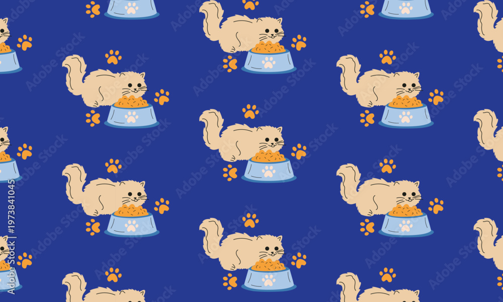 Fototapeta premium Cat Eating from Bowl Pattern, Adorable Pet Food Illustration for Background