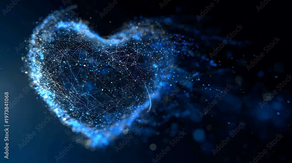 Obraz premium A digital depiction of a heart composed of connected dots and glowing particles, symbolizing technology and connection. This image embodies abstract concepts of interconnectedness and love