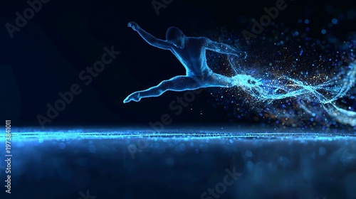 A dynamic illustration of a person in mid-air, surrounded by flowing energy, representing movement and dynamism.