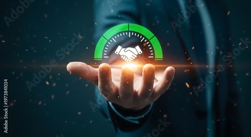 Wallpaper Mural Hand holding an illuminated digital gauge with handshake icon, symbolizing agreement Torontodigital.ca