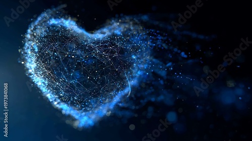 A digital depiction of a heart composed of connected dots and glowing particles, symbolizing technology and connection. This image embodies abstract concepts of interconnectedness and love