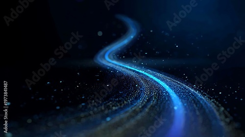 A dynamic, winding, digital pathway comprised of luminous particles, against a dark blue background. The path implies motion and technological advancements