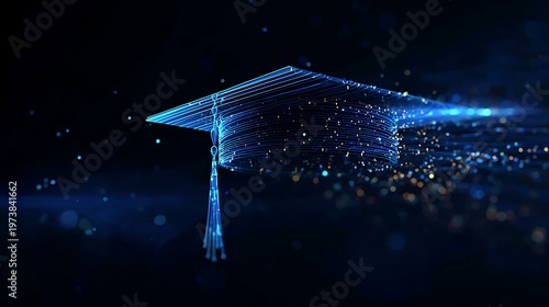 Digital graduation cap floating in space against a dark background, symbol for knowledge and learning