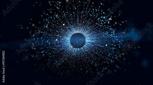 Abstract representation of the human eye, with a dark blue backdrop. The image features a stylized rendition of an eye, with luminous particles radiating outwards